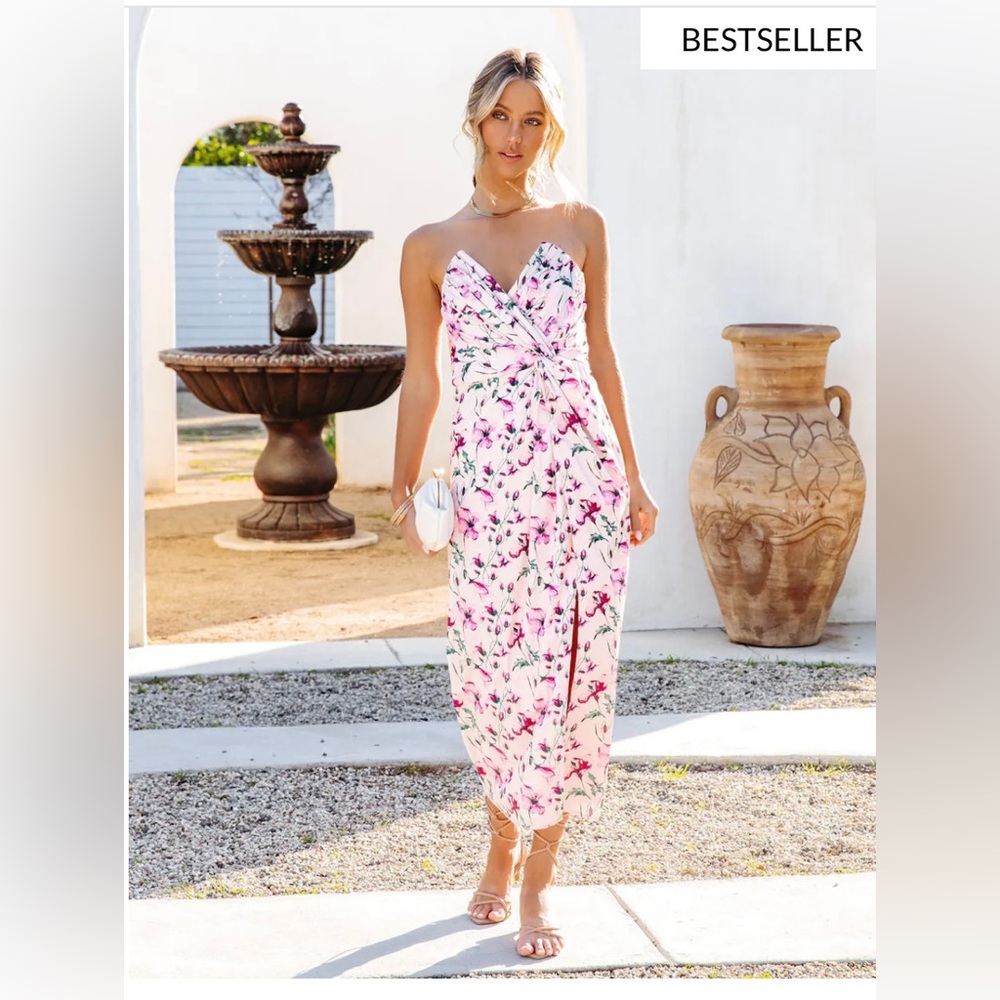 TALK ABOUT IT FLORAL SATIN STRAPLESS MIDI DRESS - PINK MULTI -